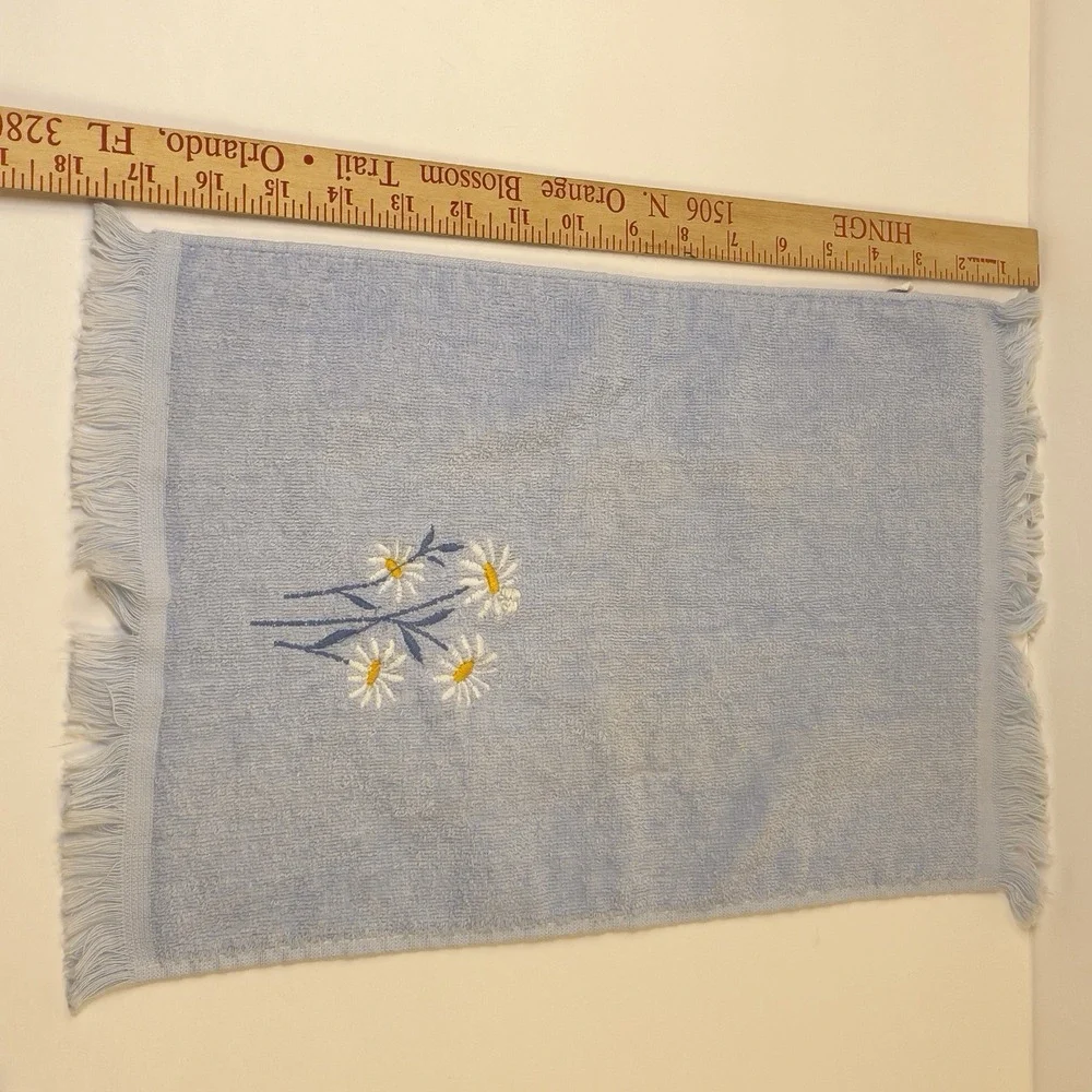 Vintage Cannon Blue Hand Towel Embroidered Daisies Fringe Made in USA 15x23